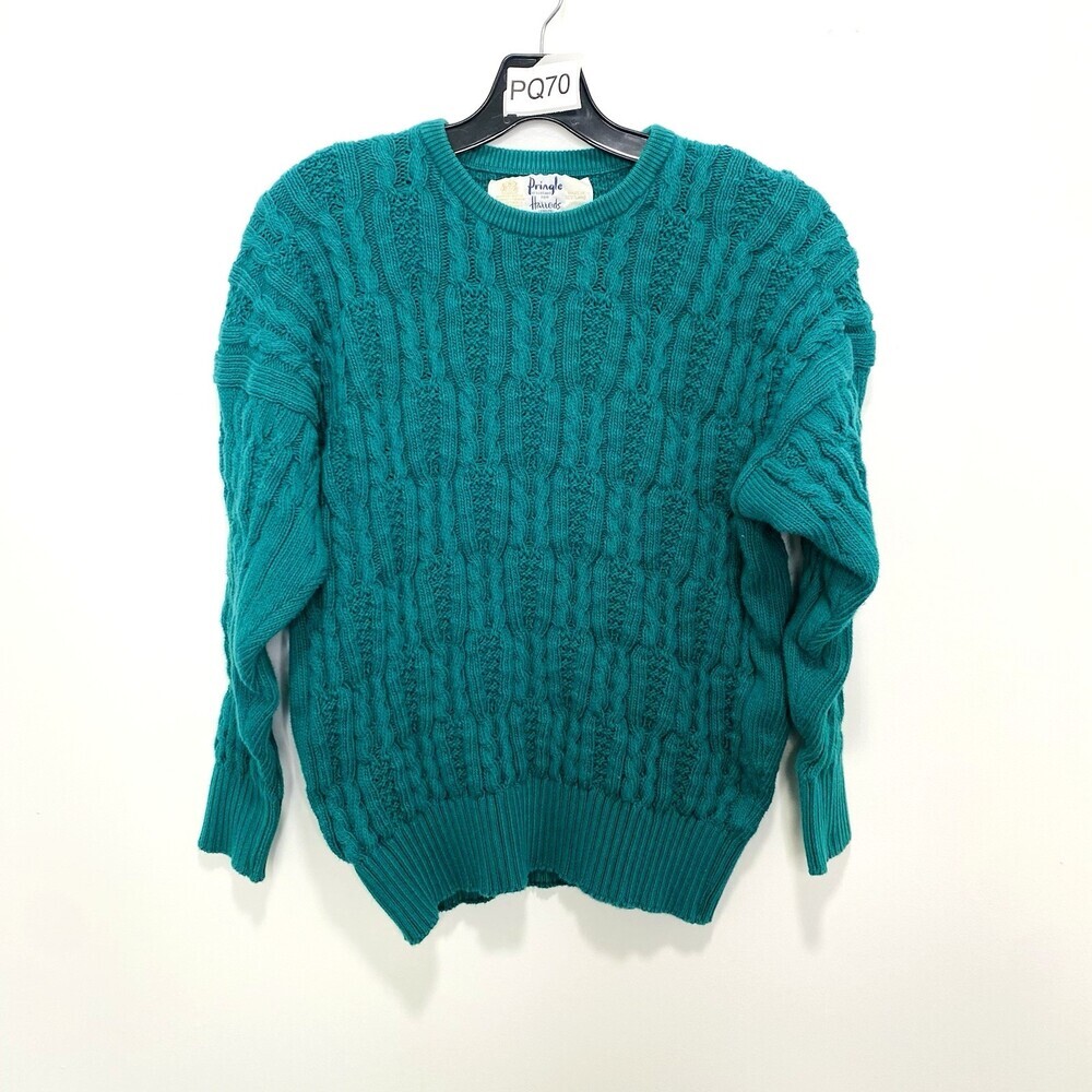 VTG 1980 Harrods Pringle Scotland 100% Cotton Green Chunky Cable Knit Sweater XL